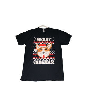 Merry Corgmas Christmas T Shirt Womens L Blue Fair Isle Corgi Dog Holiday Gift